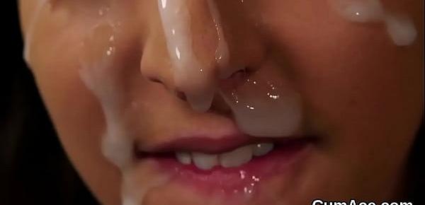  Unusual centerfold gets cumshot on her face eating all the love juice